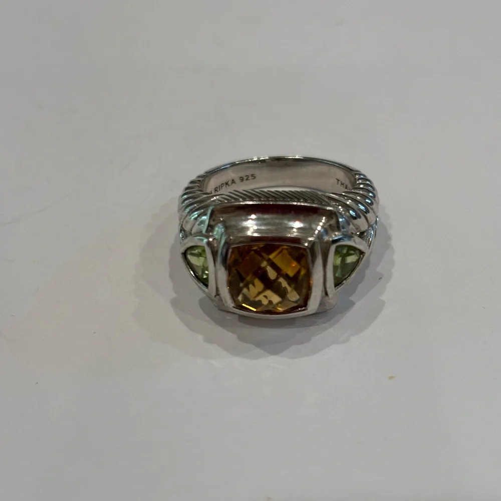 Judith Ripka Sterling, Citrine & peridot. Cushion-cut, triangle accents. SZ 7.5 - Picture 1 of 5
